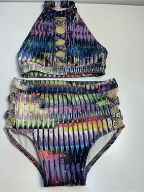 Girls Multicolor Dance Costume Set - High Neck Halter Top High-Waist Bottoms CL